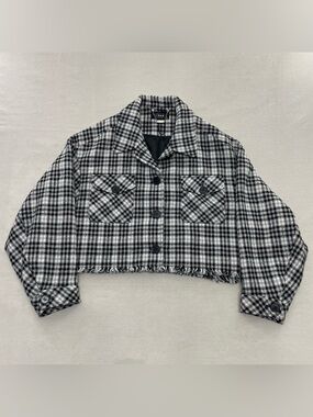 Cider Black White Plaid Cropped Tweed Blazer Jacket Frayed Trim XL Rodeo Western
